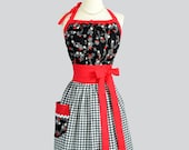 Cute Kitsch Retro Apron : Full Kitchen Womens Apron Handmade in Red and White Cherry Blossom with Black Background and Black Gingham