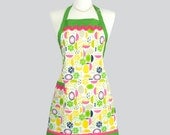 Reversible Chef Apron - Womens Kitchen Cooking Apron in Kitchy Kitchen with Green Houndstooth Adjustable Neck Towel Ring