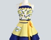 Ruffled Retro Apron , Handmade Flirty Full Womens Apron in Navy Yellow White Florals with Solid Yellow and Navy Skirts