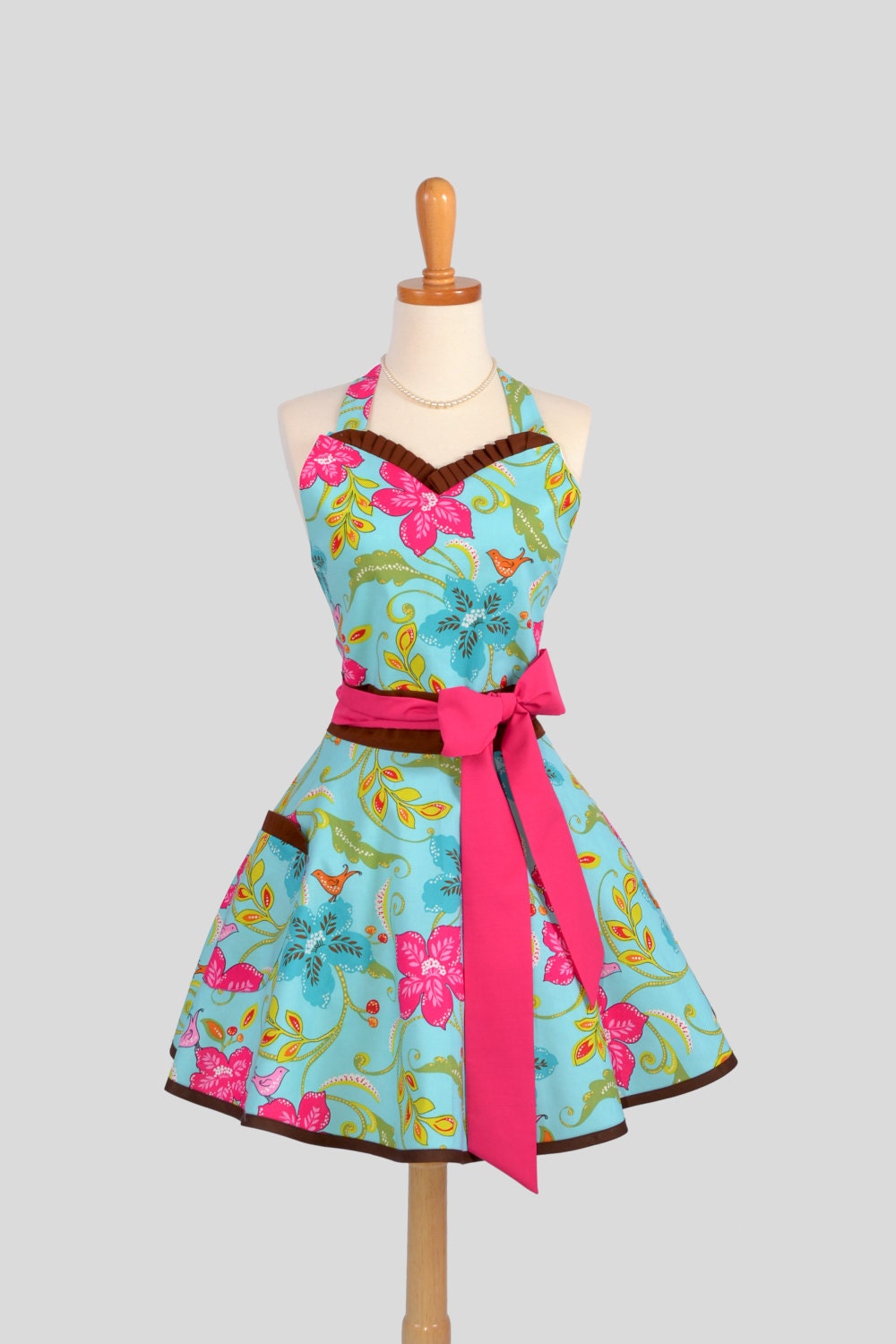 Sweetheart Retro Apron : Handmade Ruffled Floral in Song Bird Jewel with Brown and Hot Pink Trim
