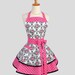 Ruffled Retro Apron , Sexy Womens Apron in Shades of Pink and Black Floral and Dots Handmade Full Kitchen Apron