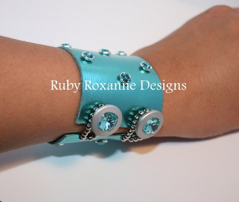 Metallic Turquoise Leather Cuff with Turquoise Swarovski Crystal Buttons and Rivets