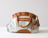 Stripe messenger bag, handbag, shoulder bag in green canvas and Brown leather - Arethusa bag