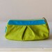 Green Cosmetic bag, makeup case in cotton canvas and light blue leather
