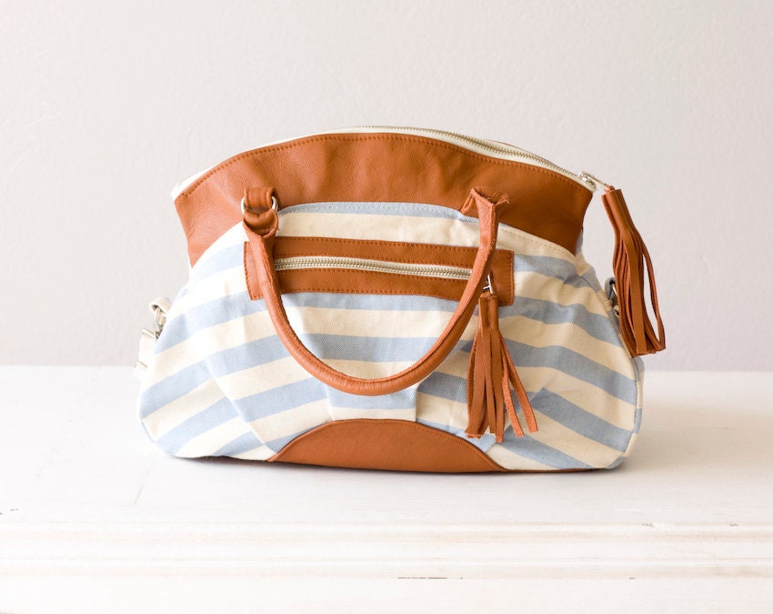 Cotton striped bag, messenger, shoulder bag in canvas and Brown leather - Arethusa bag