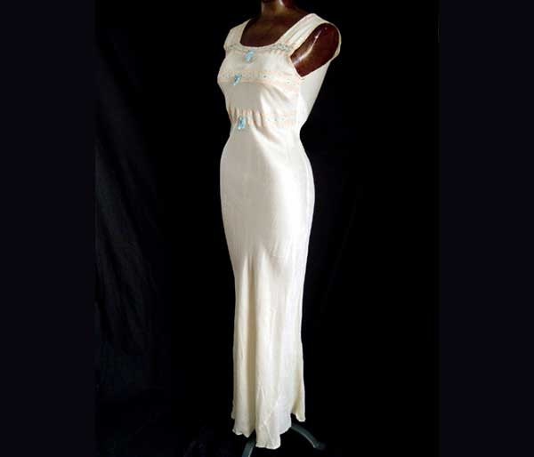 Vintage 30s Ivory Bias Satin NightGown w Ecru Lace & Blue Ribbon 34 Bust