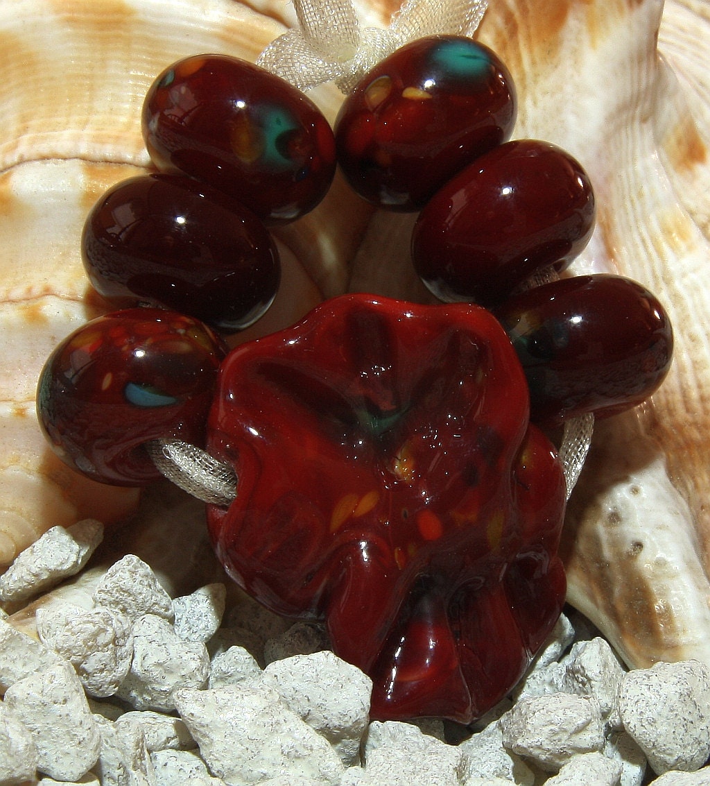 Handmade Lampwork Bead Set (7) glass beads DEEP RED POPPY  New Color for 2013