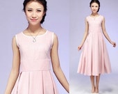 pink linen midi dress with Contrast piping Detail (581)