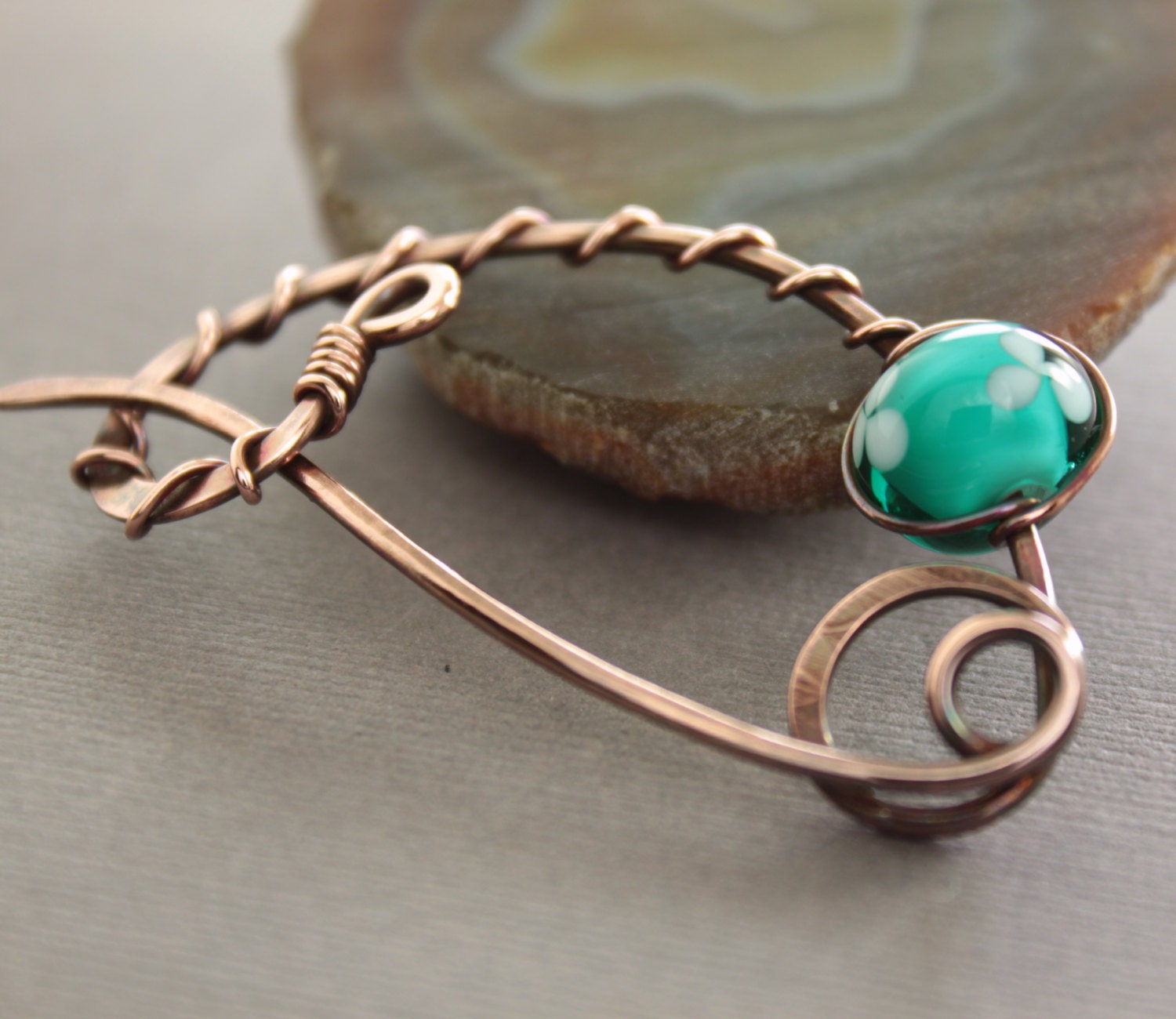 Artsy hook design shawl pin or scarf pin with teal and flowers lampwork glass bead