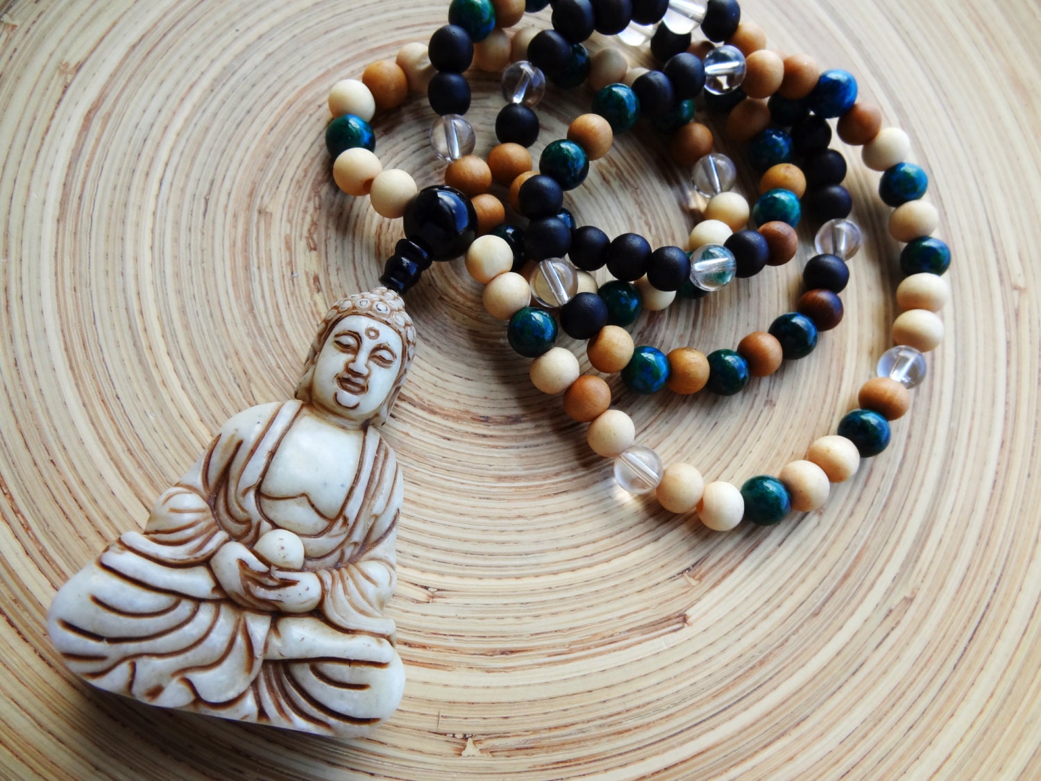 Buddha White Jade Mala Chrysocolla Quartz Sandalwood Peach 108 Prayer  Beads
