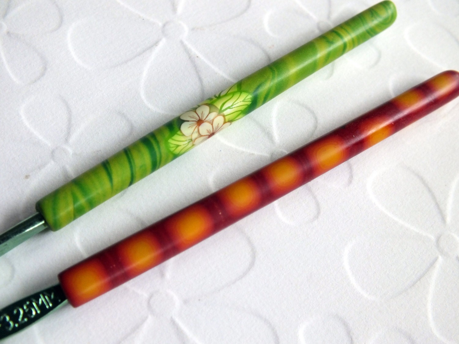 SALE - Set of 2 Crochet Hooks - BOYE - both size D  - Polymer Clay Handles