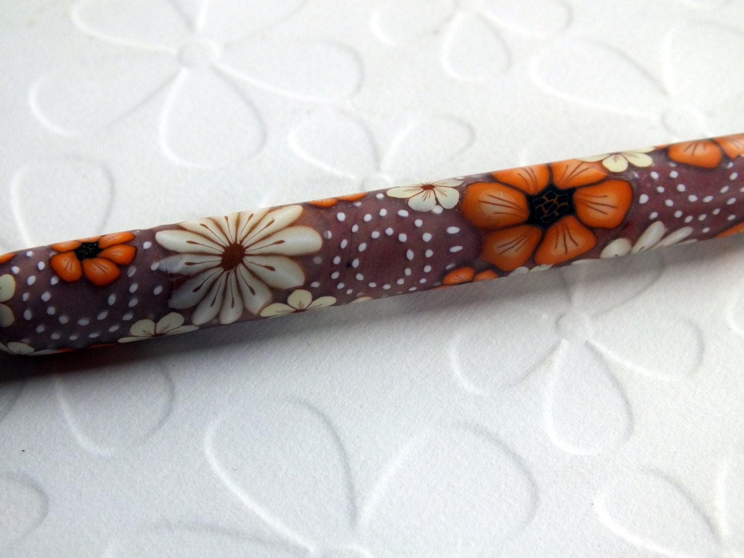 Crochet Hook - BOYE - Light Brown, Polka Dots, Flowers - Size J - Handle covered with Polymer Clay