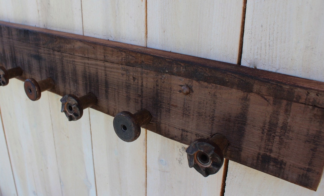 Reclaimed Wood - Coat Rack - Rustic Shabby Cottage - Wall Hanging - Hooks - 38 Inch - Antique Bobbin Spools
