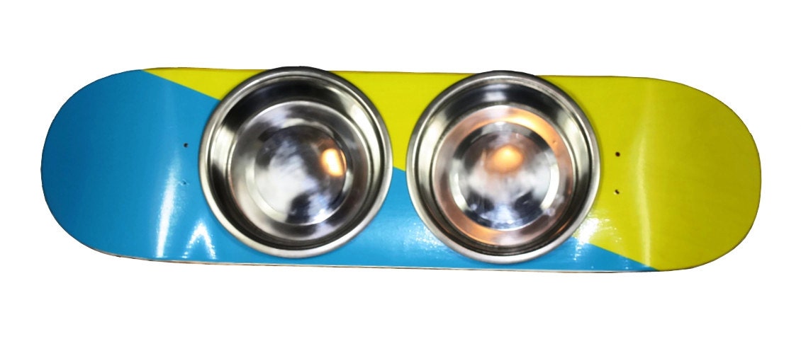 Raised Dog Feeder - Two Tone Yellow and Blue made out of a Skateboard Deck