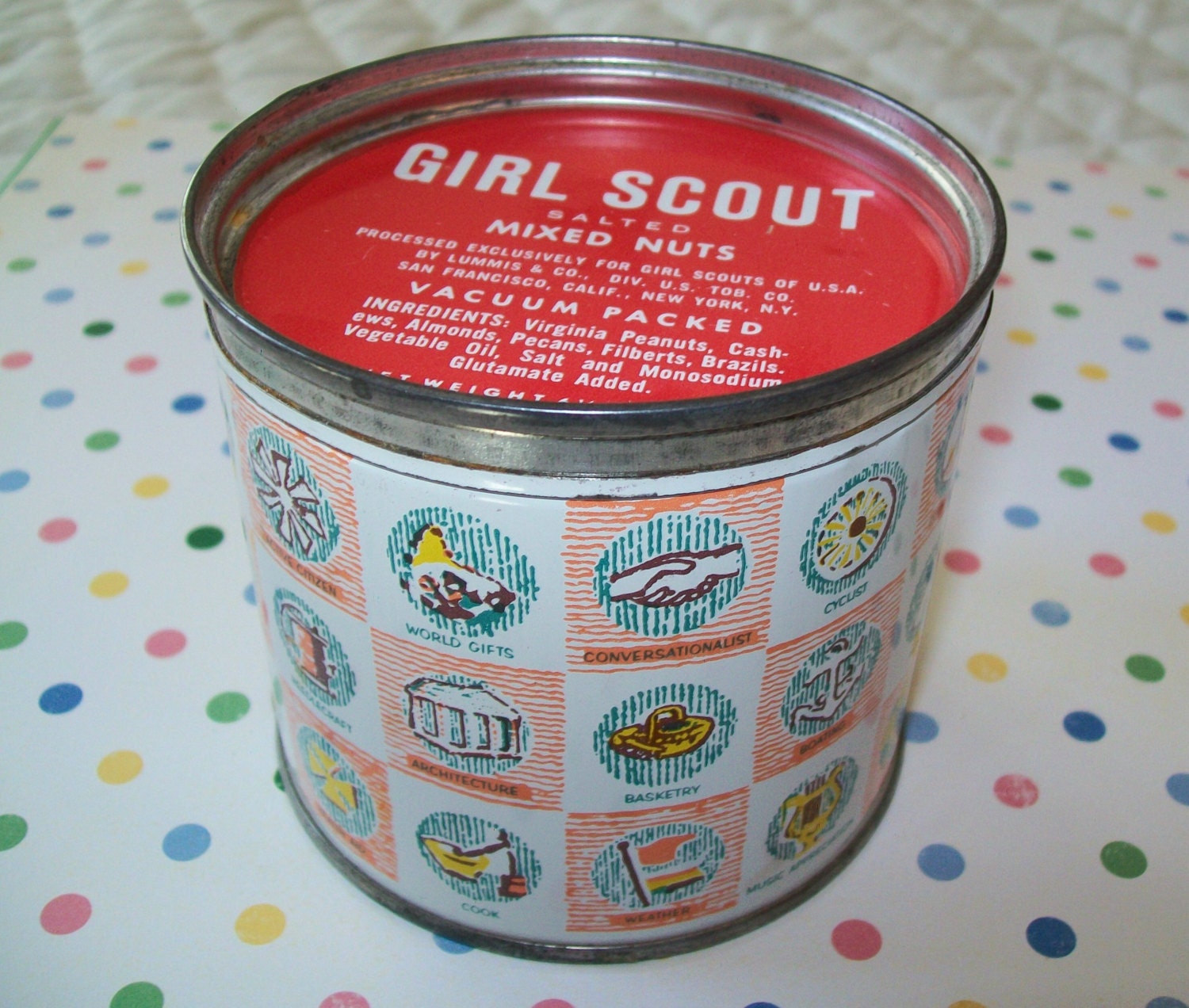SALE - Vintage Girl Scout nut can, can, tin, Girl Scouts, 1970s, 1960s, Made in USA, metal, storage, supplies