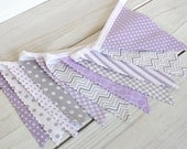 Baby Bunting Fabric Banner Fabric Flags  -  Lavender and Gray Chevron Dots Gingham - Ready to Ship