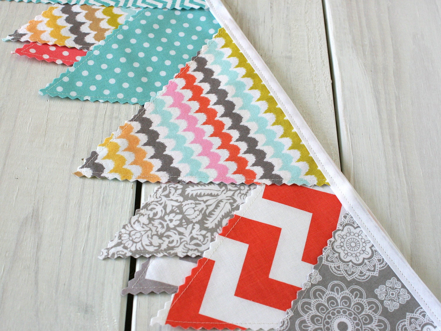 Bunting Fabric Banner Fabric Flags  - Aqua Blue, Gray, Coral Chevron and Geometric - Ready to Ship