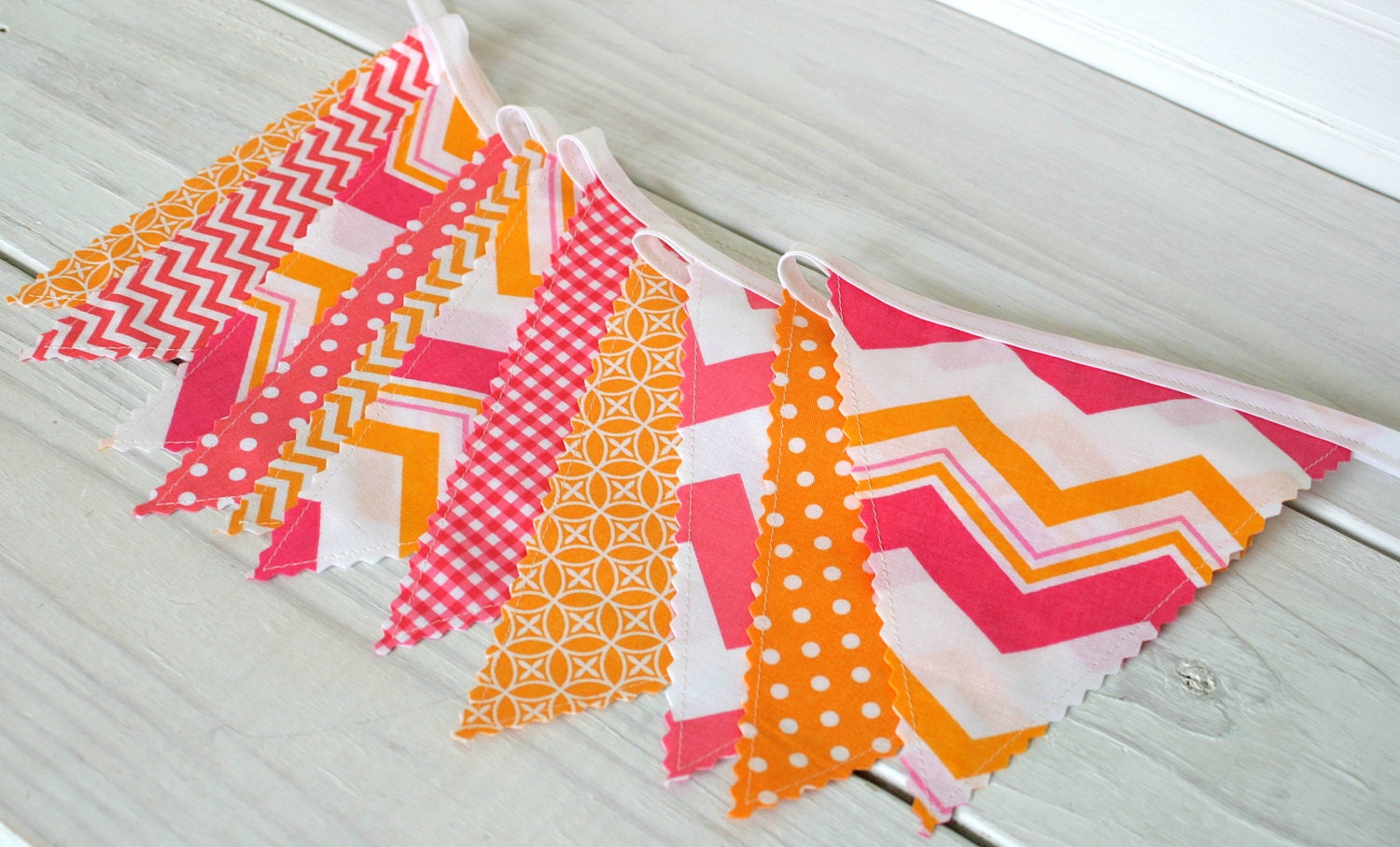 Bunting Photo Prop Fabric Flags  - Pink and Orange Chevron Geometric and Dots - Ready to Ship