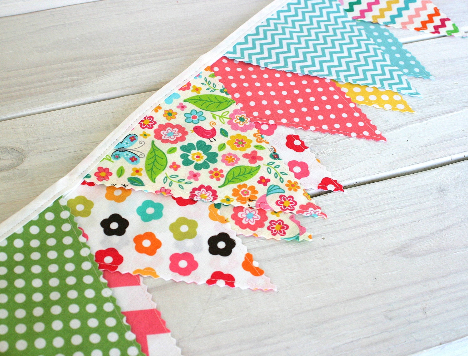 Banner Bunting Fabric Flags Baby Nursery Decor - Chevron Birds Flowers - Ready to Ship