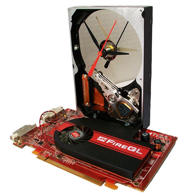 Gamer's Hard Drive Clock accented with Red Graphics Card Base, One-of-a-Kind.