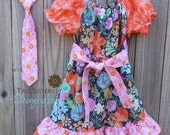 Matching Brother and Sister Outfits - Boutique Peasant Dress with Sash & Neck tie - Honey Honey in Navy