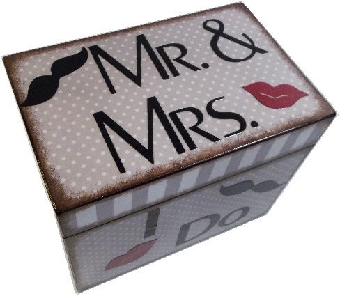 Wedding Guest Book  Box Alternative Mustache, Moustache and Lips, Mr. and Mrs.  Large Handcrafted Box Holds 4x6 MADE To ORDER