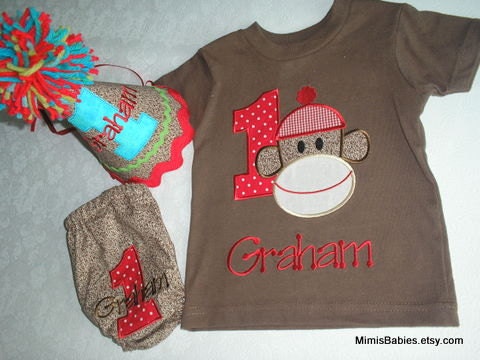 Sock Monkey Birthday Shirt Hat and Diaper Cover in Red