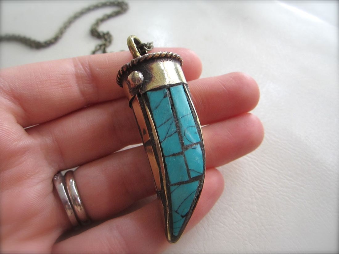 Large Turquoise and Brass Tooth Pendant on Chain - India Handmade Pendant - Brass and Stone Inlay Mosaic Point