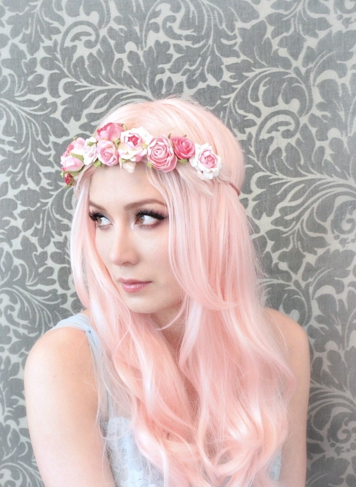 Boho bridal crown, pink rose bridal crown, floral hair accessories, flower headband