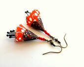 Vintage style floral orange  fiber and brass earrings