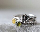 Silver stacking rings set of three with butterfly, yellow tourmaline and green idocrase. Size 7.5