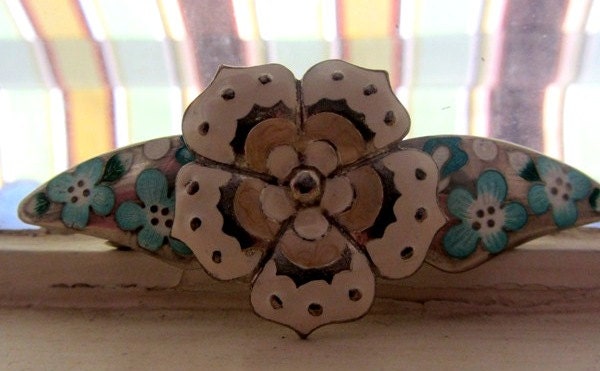 Handmade Woman's Barrette, Repurposed Hair Barrette, Blue Off White Cream Silver Flowers, Recycled, Upcycled