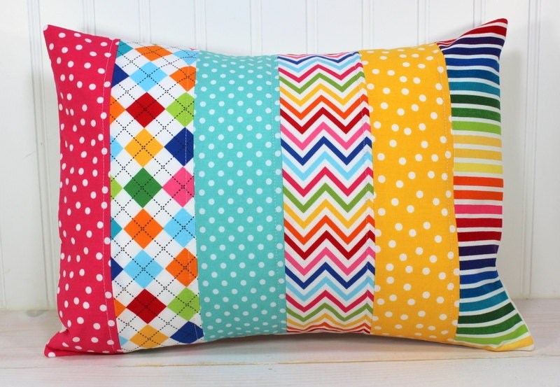 Decorative Pillow Cover - Nursery Decor - 12 x 16 Inches - Rainbow Chevron Dots and Argyle