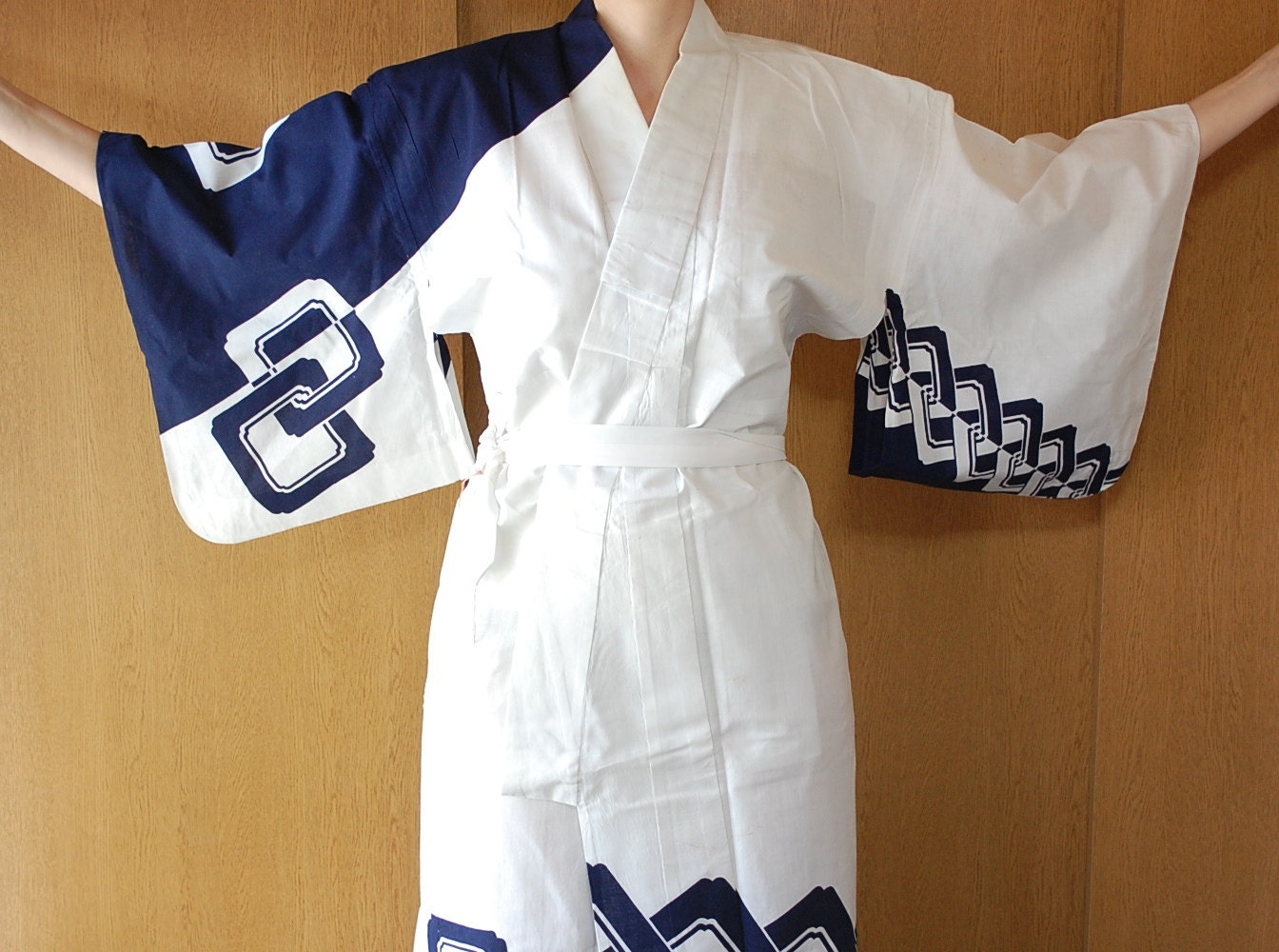 Japanese Yukata With Asymmetrical Blue White Design