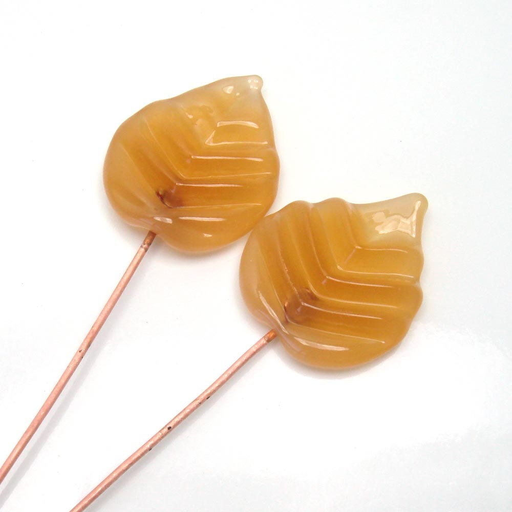 Handmade lampwork glass head pins  -  Nectarine  -  peach, apricot, caramel, leaf headpin, lampwork headpin