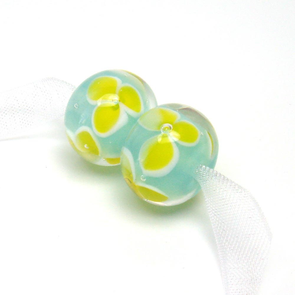 Lampwork beads  -  Yellow Frangipani  -  floral glass beads, pale blue, flowers, spring , glass beads