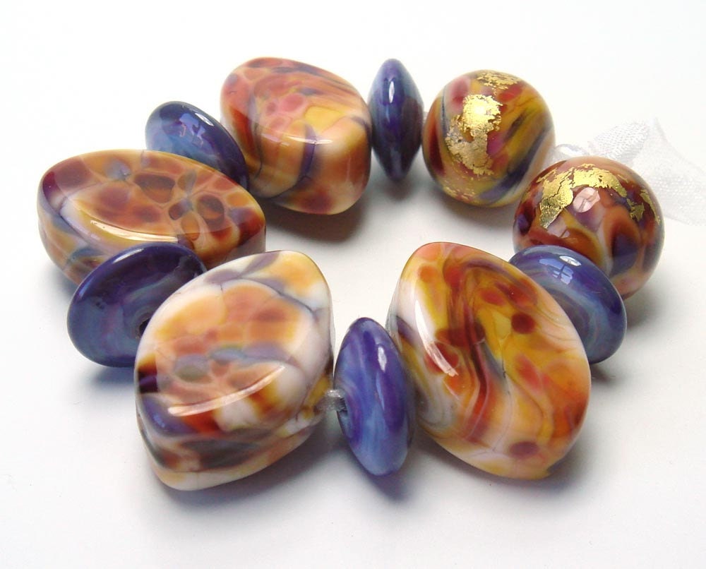 Lampwork bracelet beads  -  Fall  -  zulu shaped glass beads, orange, pink, yellow, gold, violet, purple