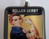 FREE CHAIN Roller Derby Rosie the Riveter-Glass Tile Necklace