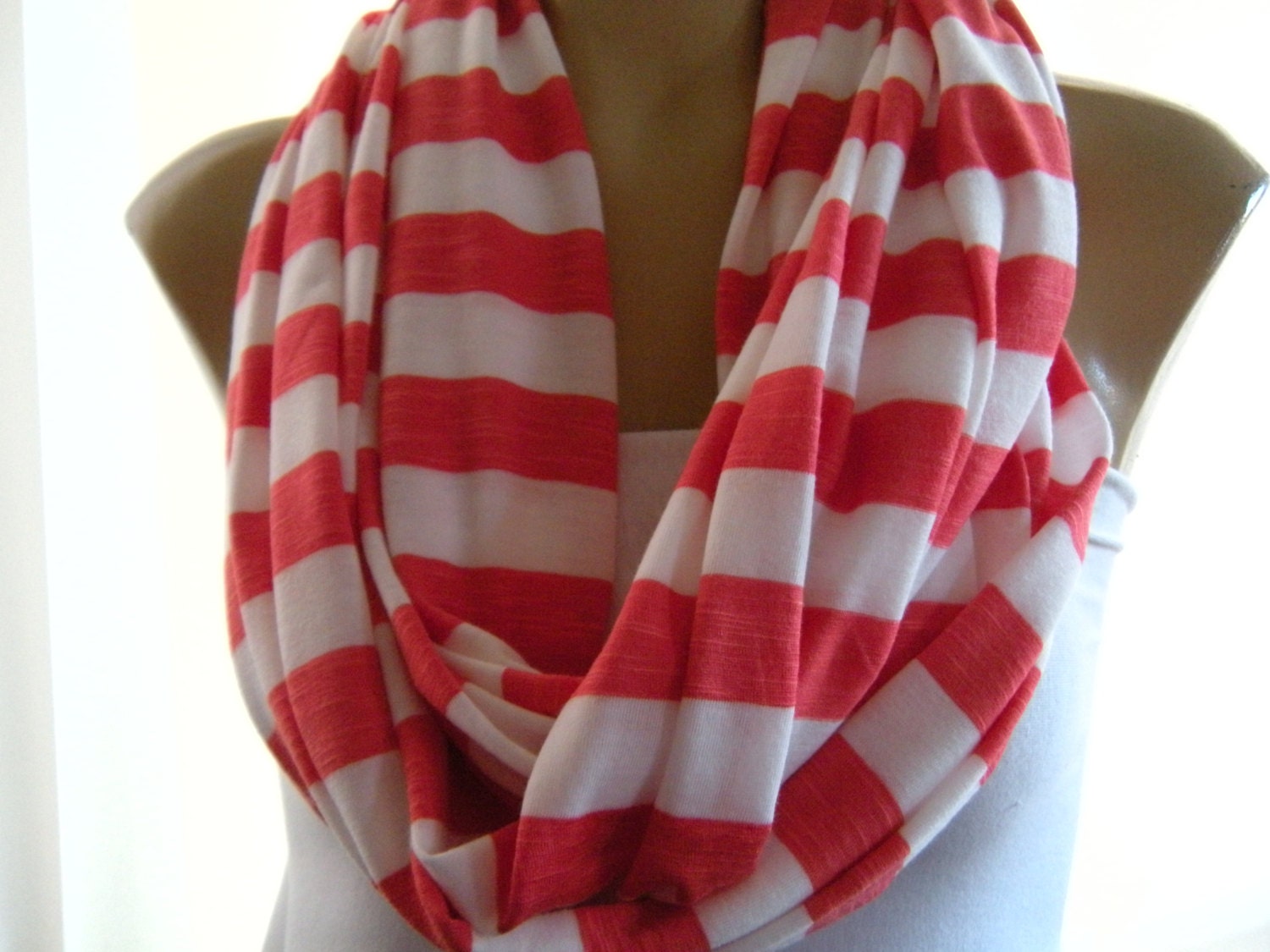 Coral and White...Casual stripes.. Nomad Cowl.....Infinity Scarf..Relaxed version