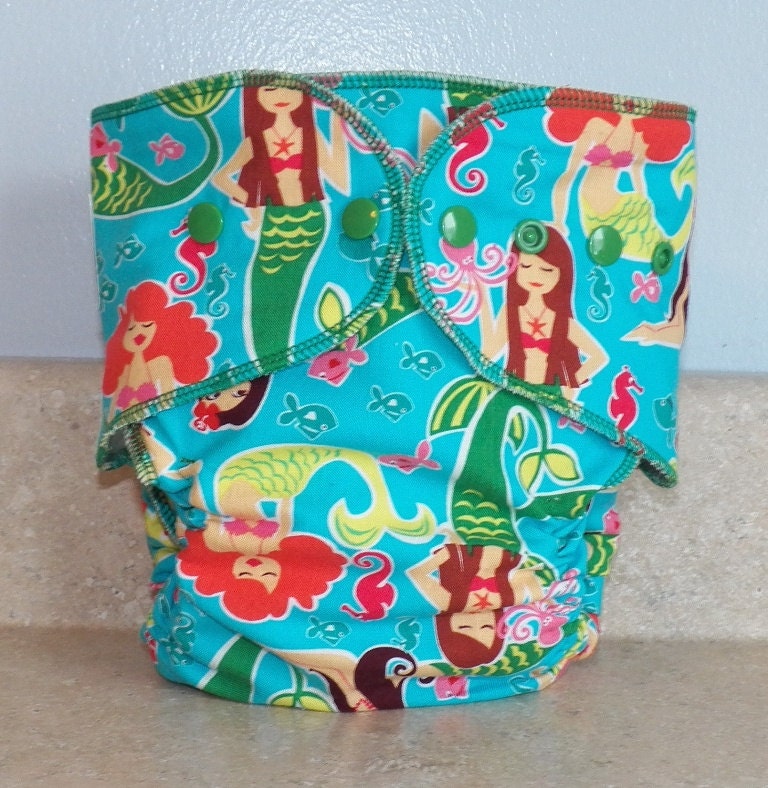 Fitted Large Cloth Diaper- 20 to 30 pounds- Mermaids
