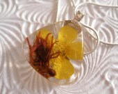 Desert Sun-Indian Paintbrush, Sunshine Yellow Buttercup Pressed Flower Triangle Glass Pendant-Symbolizes Undying Commitment