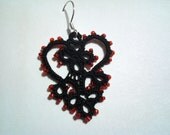 Pair of Black Tatted Heart Earrings with Beads