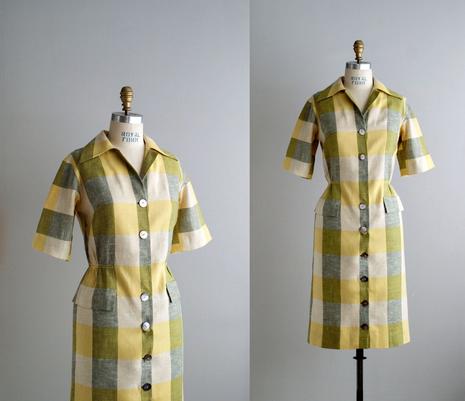 50s dress / 1950s plaid linen day dress / Endive dress