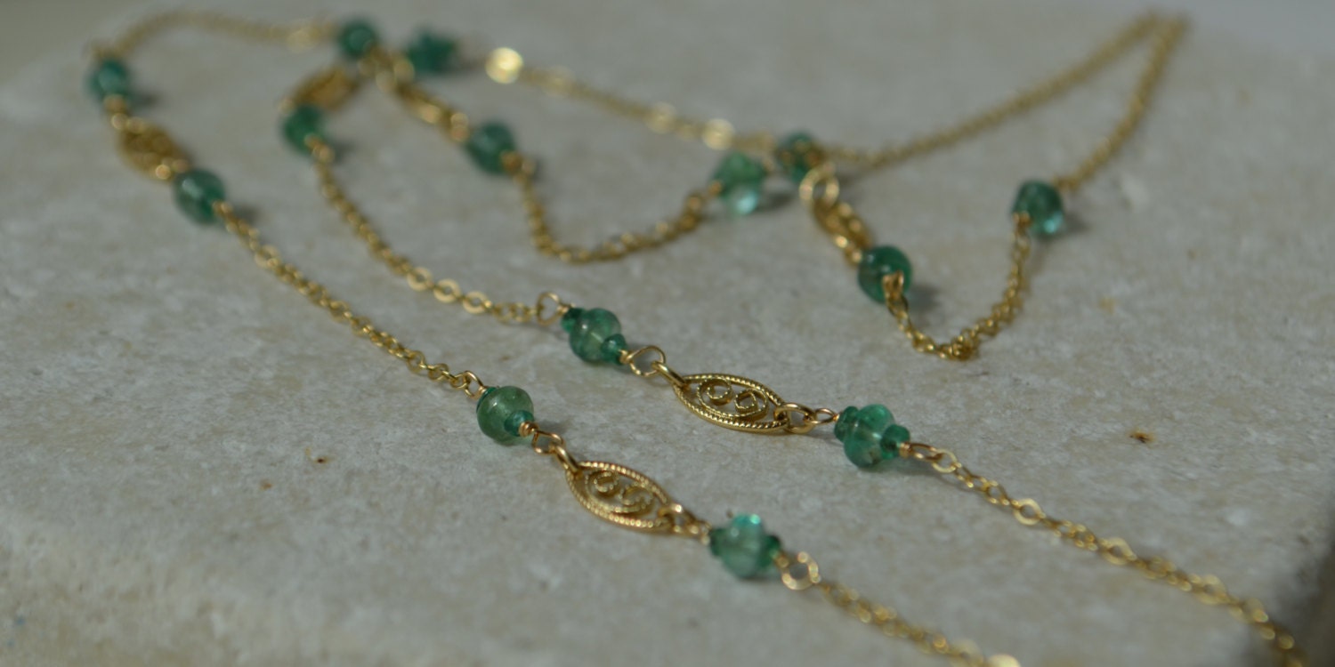 14K Yellow Gold and Filigree Necklace with Brazilian Emeralds