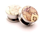Antique Map Style 2 Picture Plugs gauges - 8g, 6g, 4g, 2g, 0g, 00g, 7/16, 1/2, 9/16, 5/8, 3/4, 7/8, 1 inch