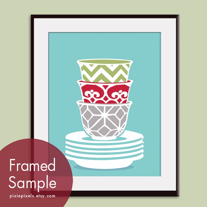 Modern Pattern Stacked Small Bowls and Plates 8x10 Art Print (Featured in Assorted Colors) Customizable colors (Buy 3 Get One Free)