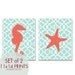 Seahorse and Starfish (series A) Set of 2 - 11x14 Art PRINT (Duck Egg and Hibiscus) (Modern French Style) Nautical/Beach Theme