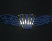 Vintage Navy Blue Elastic Gold Metal Clam Cinch Cord Belt M/L