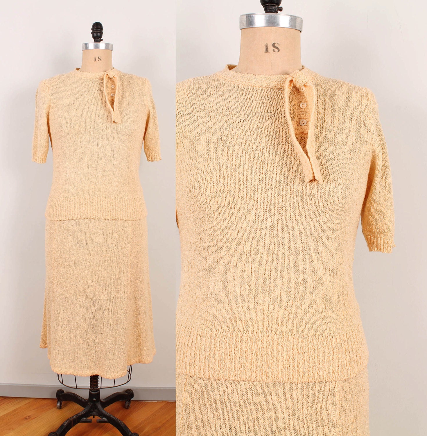 70s / 80s Sweater Top & Skirt Set - Womens M / L - Peach / Tan Textured Knit Bow Neck Pullover Knit Sweater Suit Bouclé Textured Midi Beige