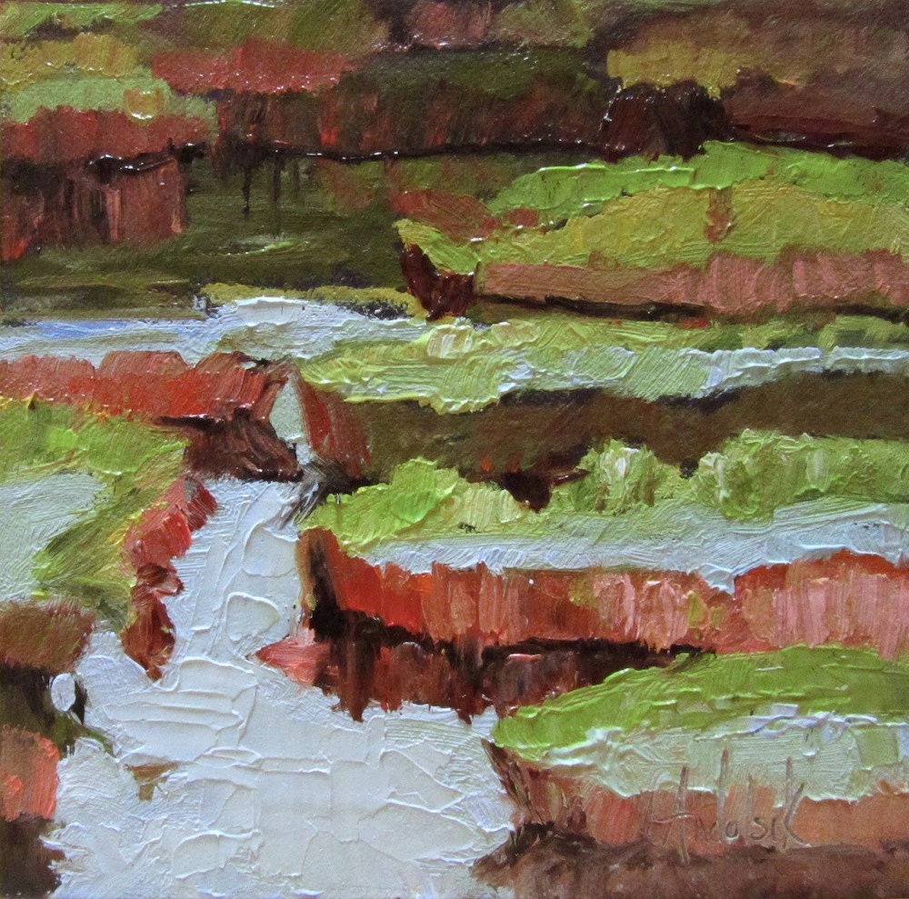 Andolsek Art, ORIGINAL OIL Painting, Flowers, Spring, Garden, Plants, 'Giant Lily Pad', 6x6